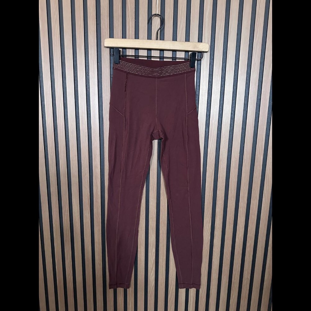 Lululemon Leggings 4 / S Womens Burgundy Pleated Golden Metallic Waist Stretch